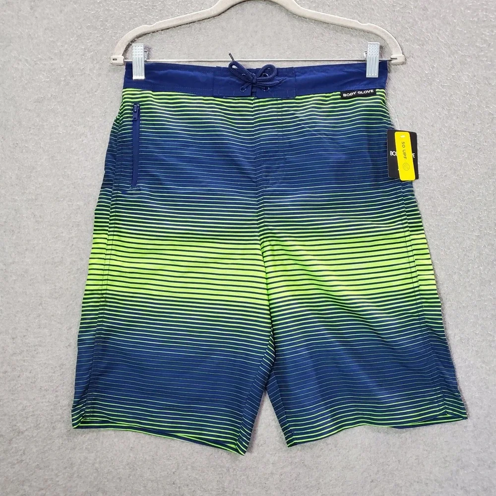 Body Glove Boys Swimwear XL Blue Striped Trunks Built In Brief 50 UPF NWT